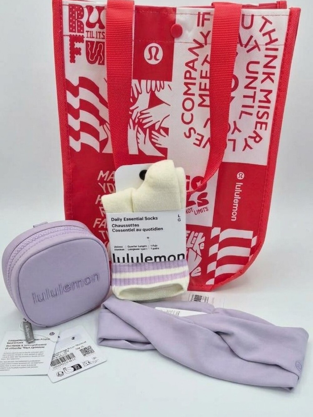 Lululemon SET Lavender Socks Crossover Headband Clippable Pouch & Reusable Tote